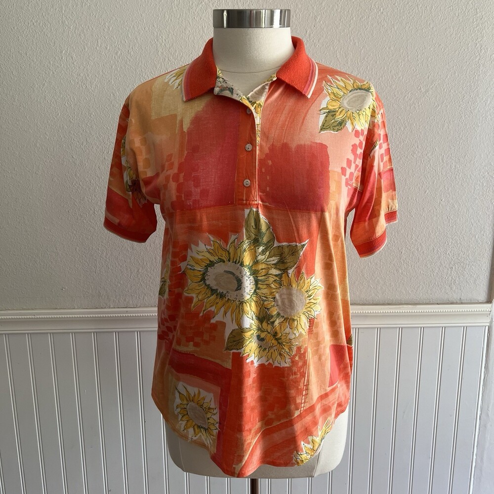 Vintage 90’s Tail Women’s Polo Shirt Sunflower Print Colorful Orange Pink S
